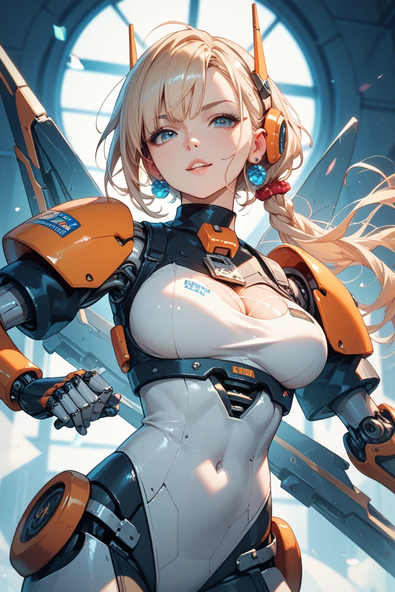 (UHD, retina, masterpiece, accurate, anatomically_correct, textured_skin, super_detail, high_details, high_quality, best_quality, high_res, 1080P, HD, 4K, 8k, 16k), (beautiful_detailed_eyes, beautiful_detailed_lips, extremely_detailed_eyes_and_face), soft_lighting, physically-based_rendering, vivid_colors, (large_breasts:1.5), (shiny_hair, shiny_skin, tanned_skin, blush), (bangs:1.5), eye_reflection, semi-profile_view, smile_and_laugh, (mecha_warrior, dynamic_pose:1.5),