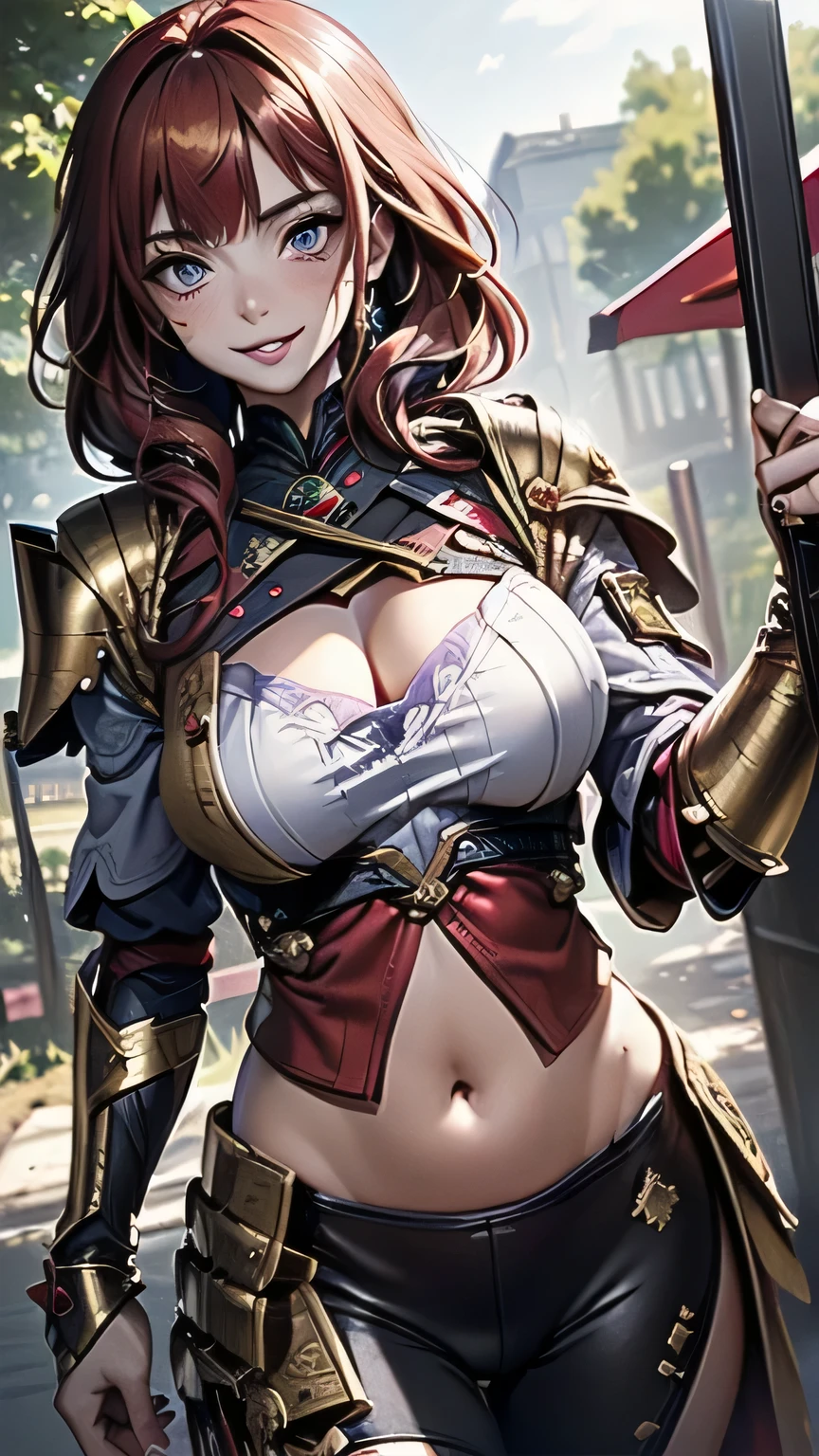 (masterpiece), best quality, expressive eyes, perfect face, ((golden armor)), closed smile, athletic body, slim figure, lace bikini, thong, exposed midriff, large breasts, cleavage, fishnets, watercolor, sakura blossom background. thunder lightning magic