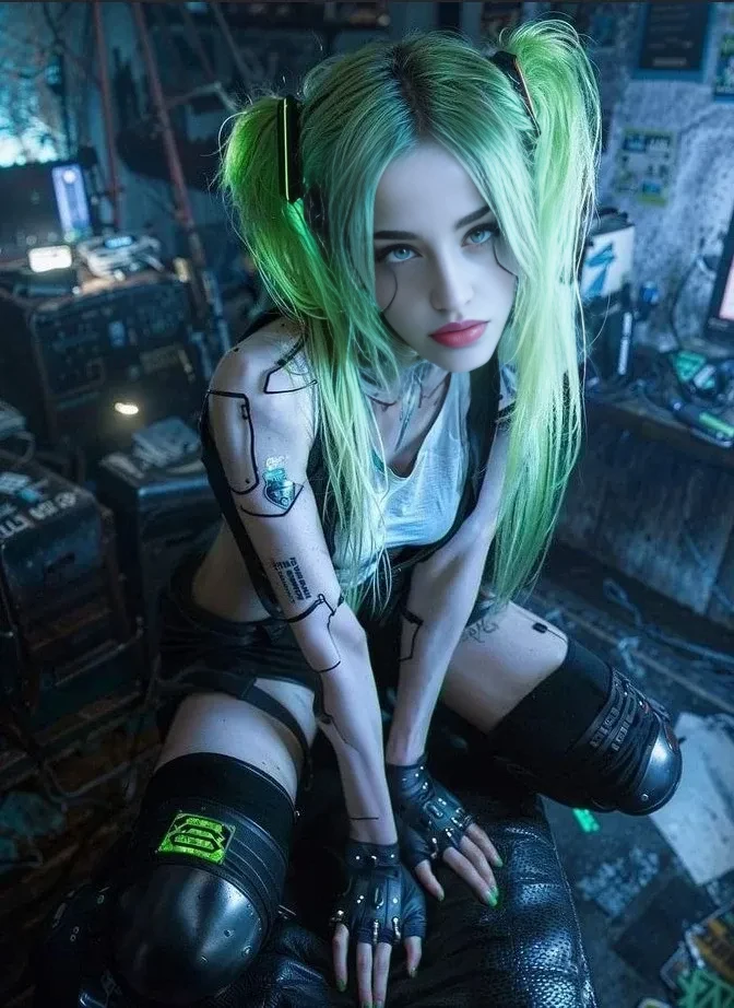 1girl in、Delicate and beautiful facial features、light make-up、Exquisite jewelry and necklaces、Delicate technology leather jacket with short upper body、Ultra mini skirt in delicate technical leather at lower body、Sitting on a green high-tech bike、flaxen ponytail、With smiling eyes、bare shoulders​、Shows perfect curves and plump buttocks behind them、 Background Special Effects Neon、colourfull、colourfull、Highlight green motorcycle and girl、Top image quality、​masterpiece、hight resolution、Complex motorcycle details、Emphasis on the creation of future technologies、Facial features are clear and not blurred,、Normal human finger、