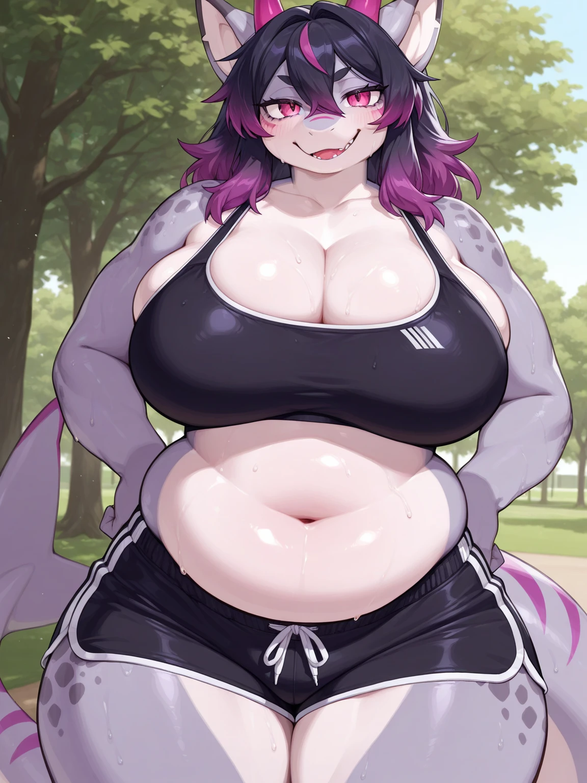 Shark girl, very sexy, big breasts, Wearing a short white sports shirt and shorts, Stick out your tongue and drool.