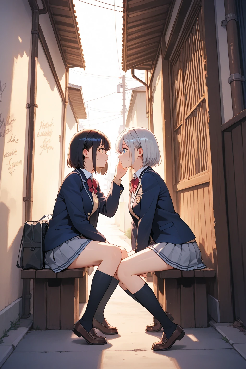 Masterpiece: 1.3), Best Quality, 2 girls kissing each other, 18 and 10 years old, white and pink hair color, delicate, rooftop, spirit, sunset, sailor suit and JK costume