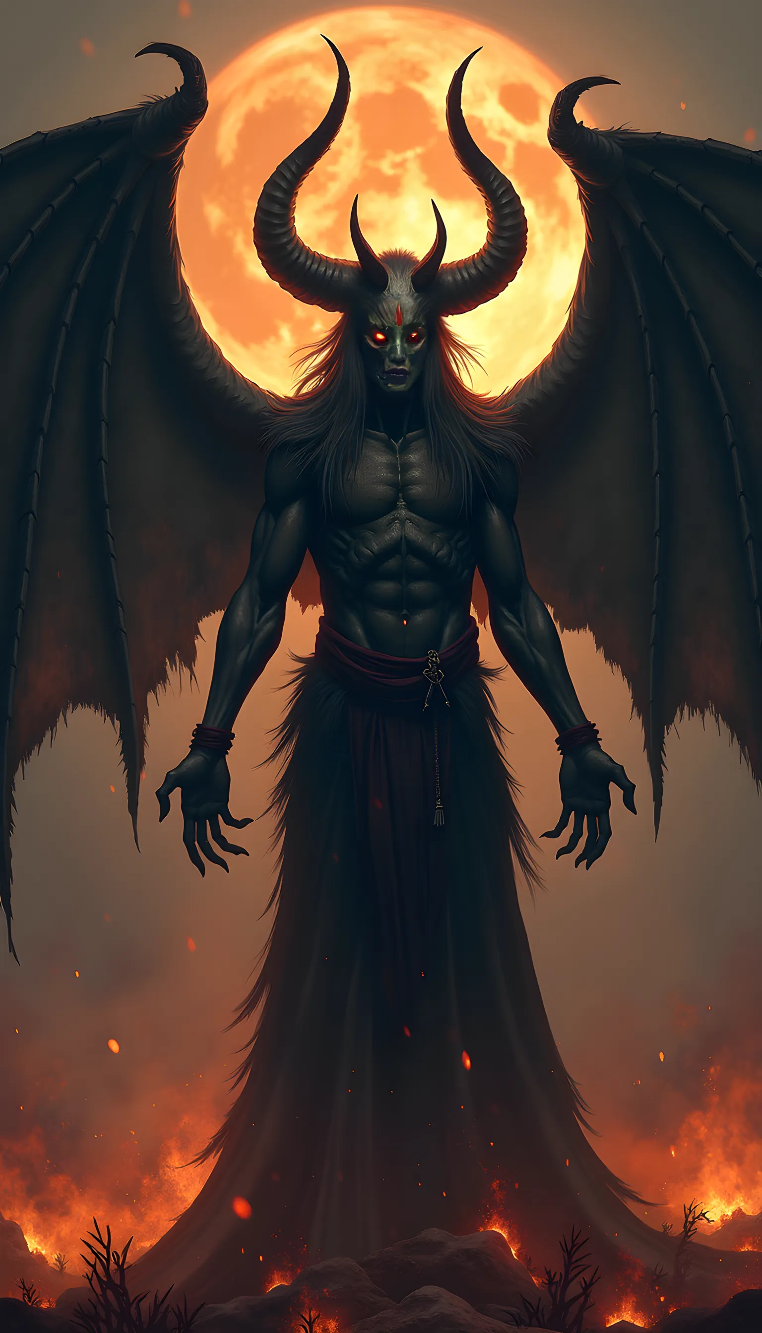 A tall dark-skinned man who resembles Dr. Facilier with black eyes, red irises with hearts for pupils, dreadlocks with gold decorations, three pairs of demon wings, a demon tail, General of Hell and Incubi, sharp teeth, skeleton tattoos where bones should be and hellfire all around
