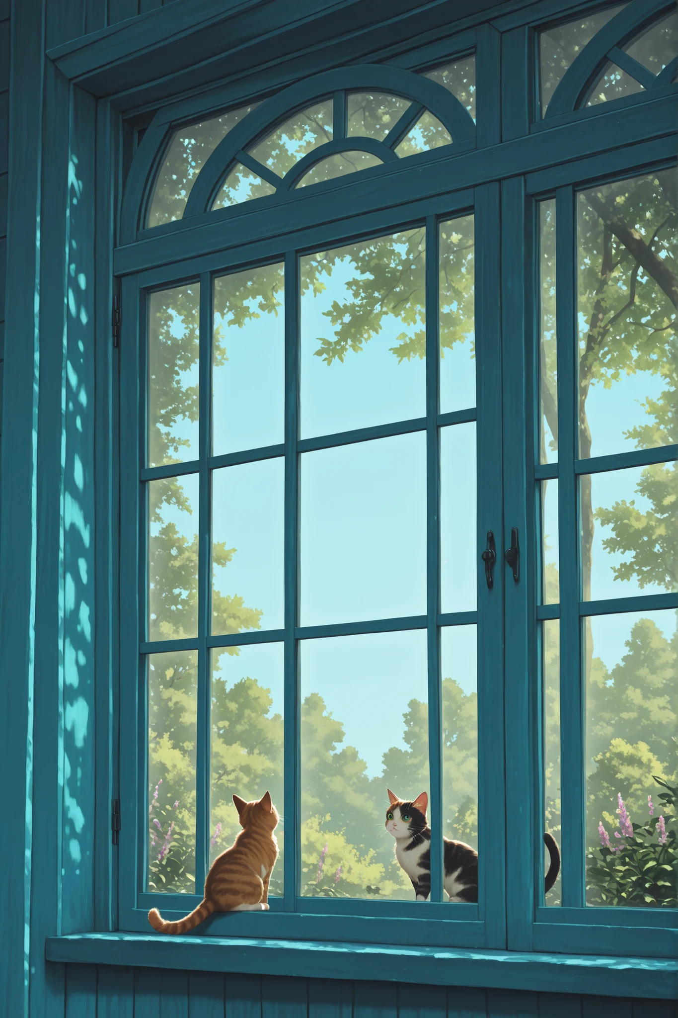 cat looking out of the window、Summer Scenery、Ghibli style、High definition cat,Interested々staring out of the window with a {x} expression,kitten,soft expression,leaning against a window frame,Scenery reflected on window glass, lush summer scenery ,sunlight filtering through the trees,Clear blue sky,Gentle Light,Ghibli atmosphere,Delicate and fantastic ,4K real,Ultra Fine,professional,Perfect texture,vibrant colors,full of details
