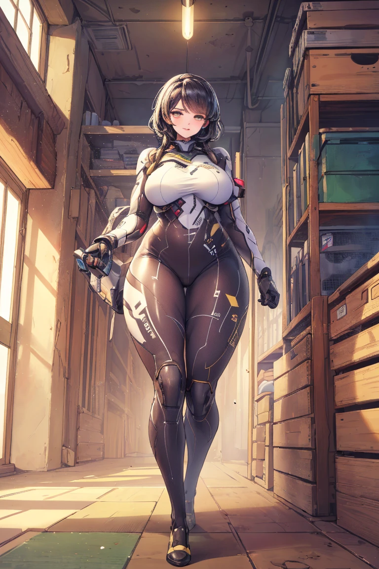 White cyborg woman((From before)),Brown Hair,Light brown eyes,Twin tails,thick-boned,On the ground,Being outside,weather((sunny)),Beautiful curves,Medium Hair,Curvaceous machine body,Mechanized hip joint,Mechanized body,Mechanized limbs,Puffy nipples,Blushed,Troubled expression,Prosthetic arm,Prosthetic limbs,Curvy abdomen,White Armor,Chest armor