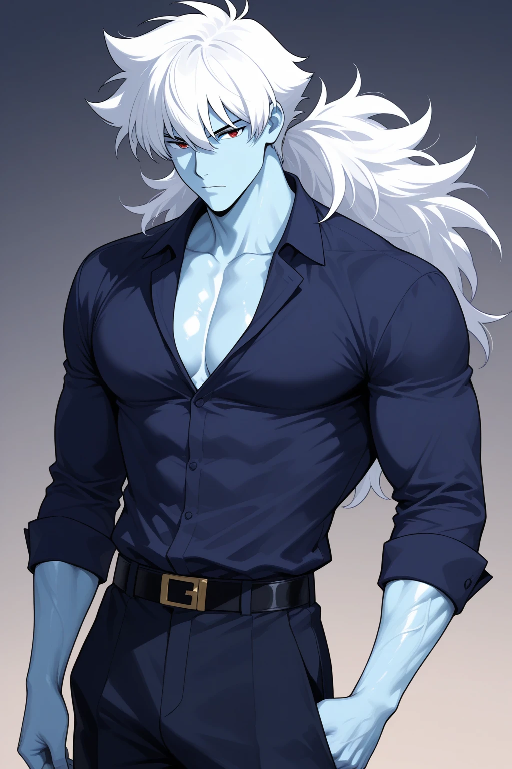 male character, totally white body, big white hair, Eyes red. defined body, like a deity. anime dash 