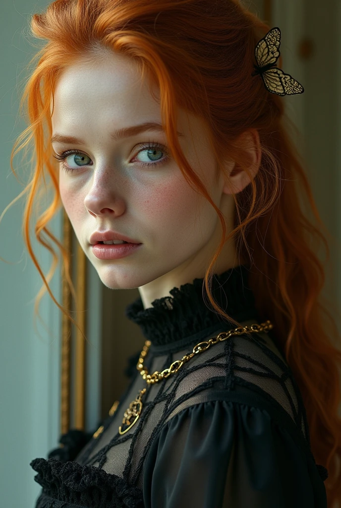 romantic gothic steampunk style, masterpiece, full color photo, Best quality, 8 K, ArtStation, Sharp Focus, ultra-realistic, high detail, RAW photo, long bright red hair, single braid , freckles, lace, opening body, amazing body, pronounced feminine feature, (redhead:0.4), (photorealistic:1.3), (top quality:1.3), (granularity:1.3), (detailed information:1.3), (cinematic light:1.3), ( Cinematic color:1.3), MAXIMUM CAVITY DEPTH, film photography, ( complex parts:1), (hyper-detailed:1), (((sfw))) Looking at the camera, I'm standing on an old street, 1800s Gothic Steampunk, golden hour, Light in her eyes, glamorous face, full body view, ((Big breasts)),beautiful european women, green eyes, Sexy dress,
