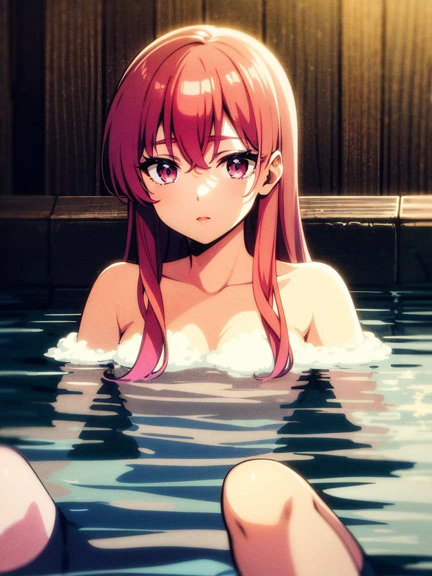 anime anime, young girl laying in the bathtub with her hand on her chest