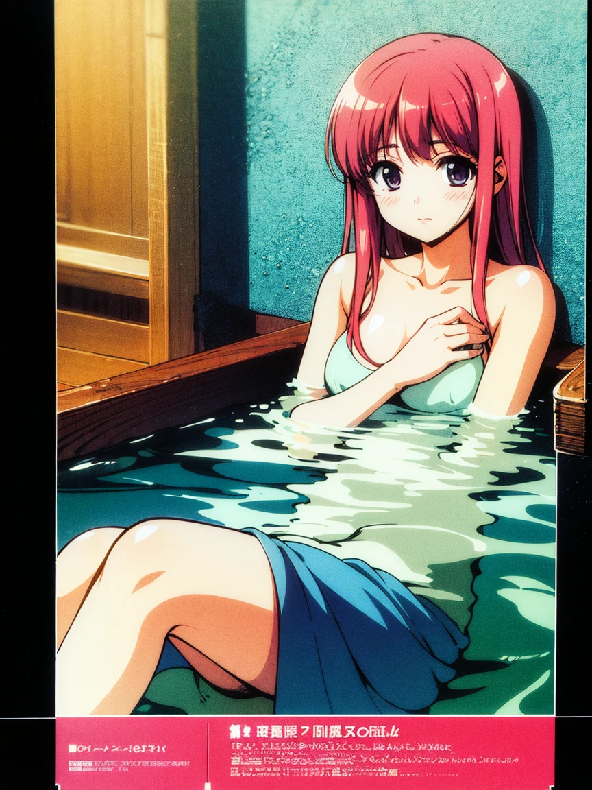 anime anime, young girl laying in the bathtub with her hand on her chest