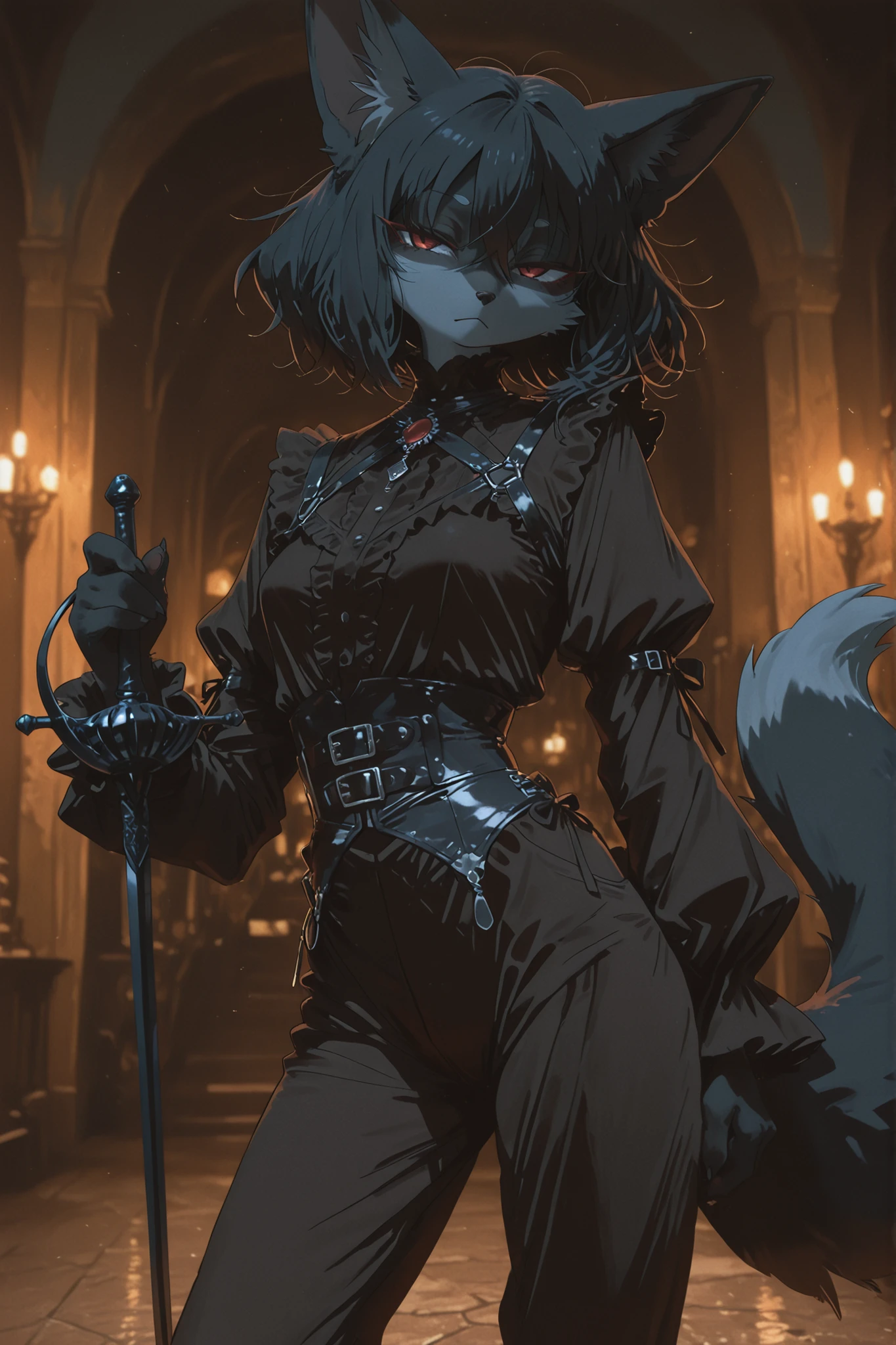 Kemono,(masterpiece, detailed:1.2),1 furry, male, fox, kemono style, standing pose, black fur, black short messy hair, dark blue rapier-themed outfit, leather accents, fantasy aristocratic style, semi-glossy clothing, moderate exposure, shar