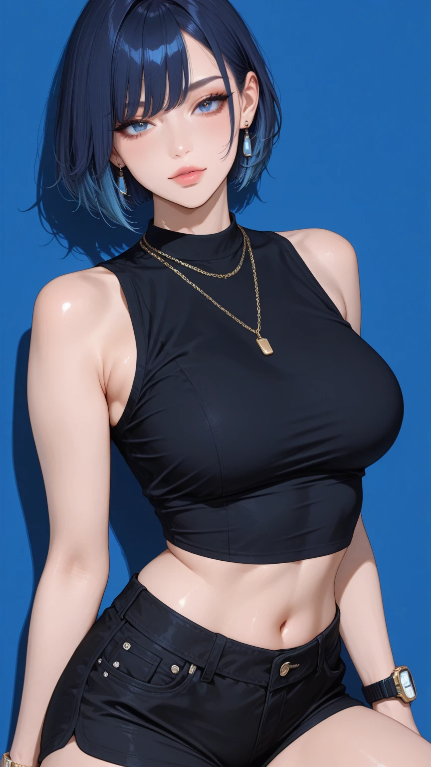 8K, Top Quality, Intricate Details, Ultra Detail, Ultra High Resolution, Masterpiece, full body, Slender, Smile, (Makeup: 0.4), (Fluffy Blue Eyes: 1.21), blue Eyes, looking at viewer, ((full body)), 1girl, solo, 1 girl, (( full body)), close up shot, , ((tall)), (((fit body))), (((slim face))), sharp face, sharp eyes, (((dark blue hair, bangs )) , (detailed face), sharp face, small lips, standing,
(( )), ((crop top )), detailed face, detailed breast, , large breast, detail ass, , Beautiful girl with accentuated slender abs: 1.4, Six Pack Abs: 1.4, Bust Botox, Big, Perfect Body, detail leg, (( dark background)), black background, full body,