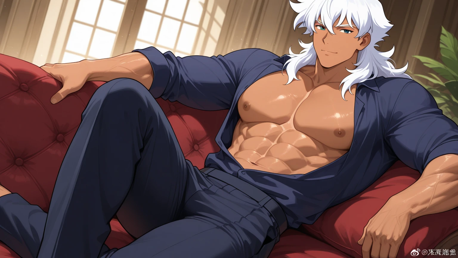Handsome and strong Japanese yakuza 35-year-old man lying in a Japanese-style room late at night with his legs open,Put on a kimono,Brown curly hair,There are a lot of flower cards around,((very dark skin,Like the African race)),Extremely dark skin tone,(Tanned skin),Short white hair,A male face,Wide face,trimmed beard,screen,folding fan,(((Ultra-high angle shooting))),((((high detal)))), (Full shot), (Photorealsitic,Photorealistic,photo-realistic:2), (perfect bodies), (Perfect face),(dregs:1.5), (Perfect eye), dangerous, bad-ass, Epic, ((((com rosto detalhado,Correct body structure,Correct body proportions))))