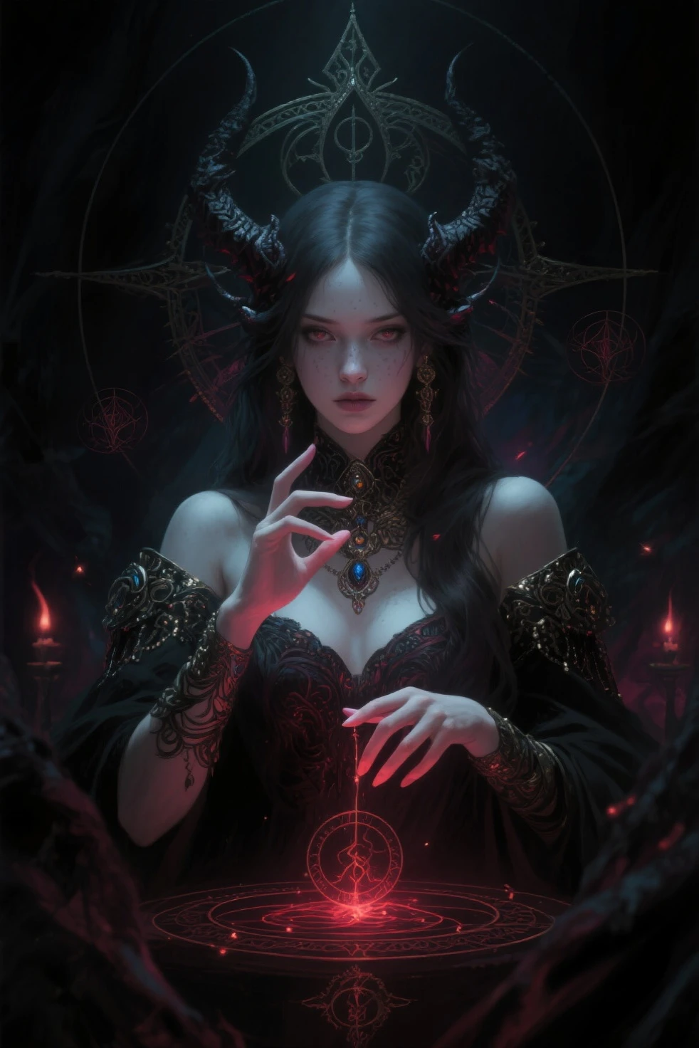 girl worshiping devil,dark angel wings,red glowing eyes,expressive face,black flowing hair,sacred ritual,emotional atmosphere,ominous shadows,symbolic tattoos,ethereal glow,gothic cathedral,smoke and incense,flickering candles,sinister atmosphere,demonic presence,mysterious symbols,blood red cloak,full moon,nighttime setting,powerful energy,dramatic composition,haunting beauty,intense focus,deep spiritual connection,meticulous details,mystical aura,otherworldly ambiance,magical elements,curved horns,subtle smoke tendrils,ominous chanting,dark magic,forbidden knowledge,girl's vulnerability juxtaposed with her strength,enchanted portal to another realm,ancient spell book,spellbinding performance,enigmatic expressions,spellbinding spellcasting,flickering shadows,ethereal mist,charismatic charm,mesmerizing gaze,dynamic pose,vibrant colors,intricate patterns,ethereal light,ethereal beauty.