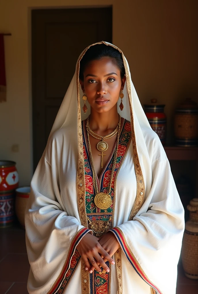Create a photorealistic image of an Ethiopian woman wearing a traditional Habesha kemis. The dress should be ankle-length, made of white cotton fabric with intricate, colorful embroidery around the neck, wrists, and hem. Include a matching shawl draped over her shoulders. The setting should be natural with good lighting.