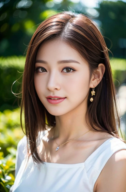 (RAW Photos), (Photo Real), (masterpiece), (Highest quality), High resolution, 8K resolution, (Intricate details), (Volumetric Light), Portraiture, woman, 30 years old, Long Hair, Layered Hair, Brown Hair, Highly detailed eyes, Source order, Very thin eyebrows, Highly detailed skin, Normal bust size, Highly detailed mouth, Highly detailed nose, Cute like an idol, smile, ((Pink lipstick)), ((Look at the viewers)), (An elegant and transparent red see-through short-sleeved dress), Turning around posture, ((Randomly oriented bodies)), Green park background,