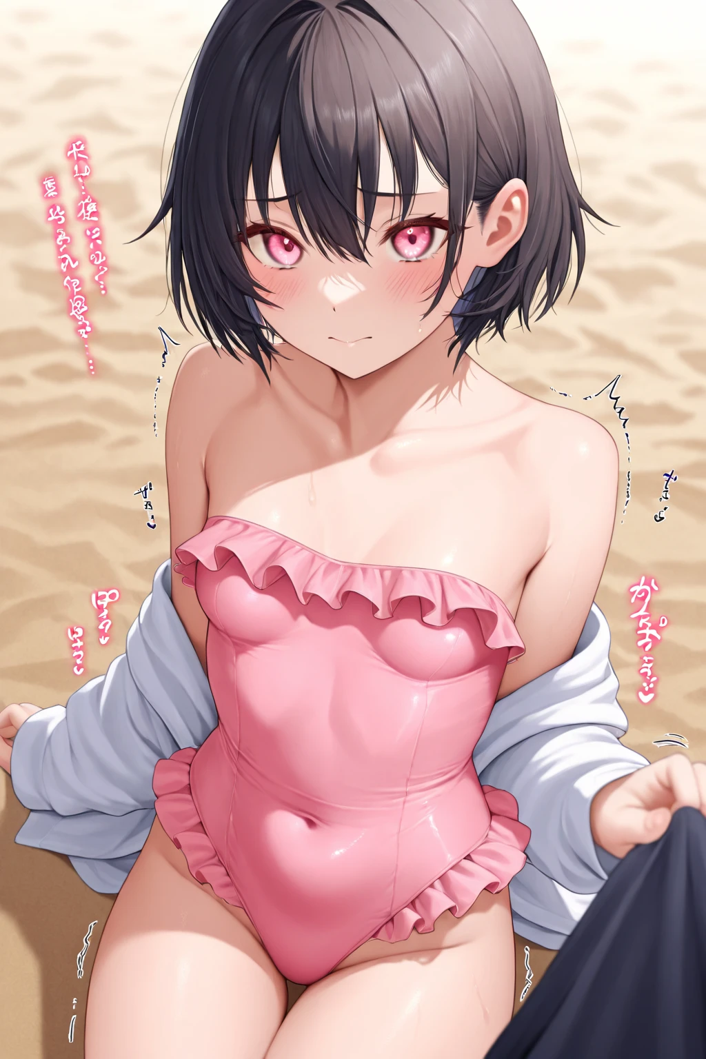 , masterpiece, best quality, highres, 1girl, solo, fang, skin fang, short hair, (mole on thigh:0.8), bangs, hair behind ear, purple eyes, hair ornament, open mouth, beach, smile, squatting, small chest, short height, little girl, flat chest, small, cleavage, ((bare shoulder)), exposed, loose shirt, navel, presenting armpit