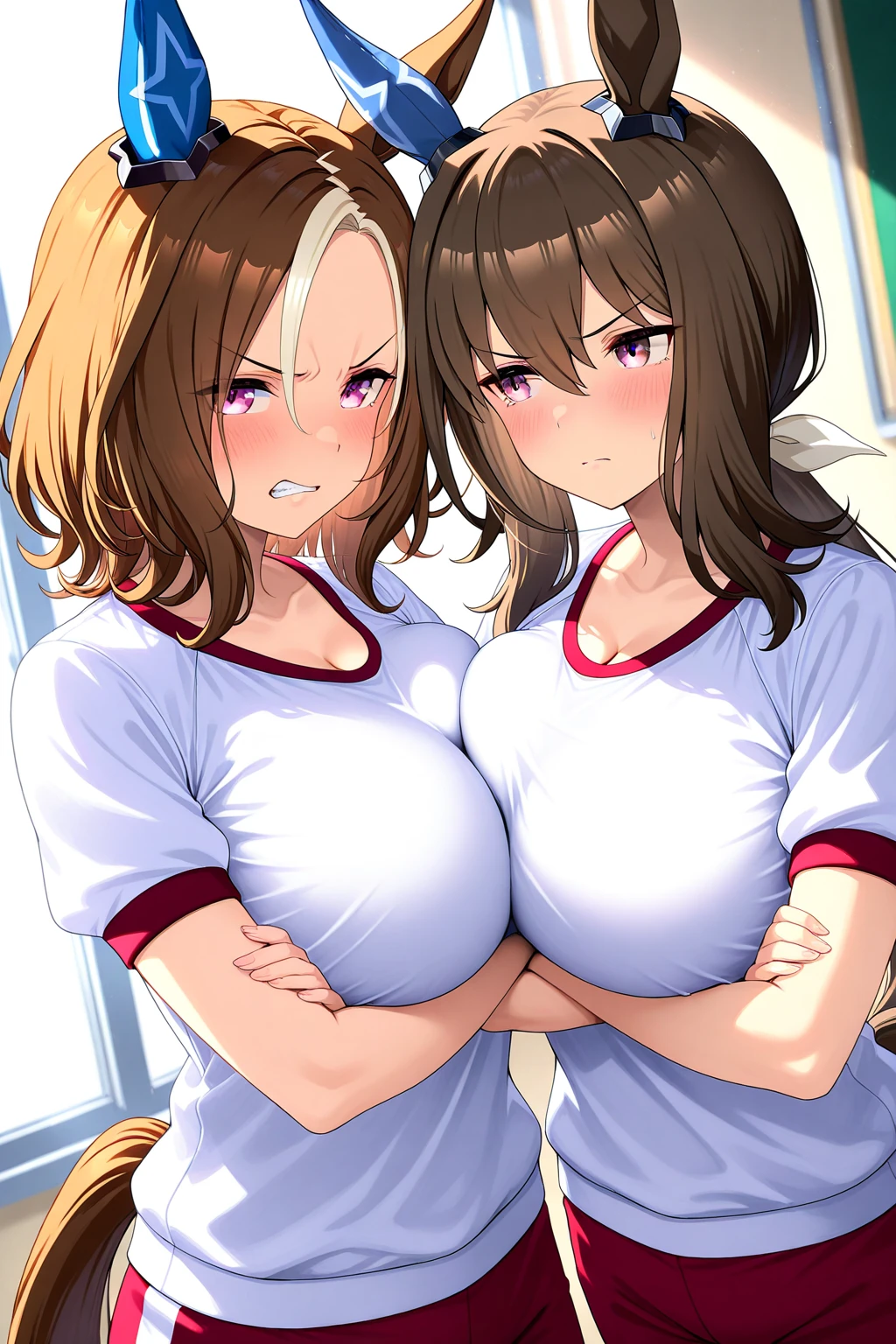 Highest quality、masterpiece、Large breasts、Gym clothes with short sleeves、Short length、Small waist、Brown Hair、blue eyes、Long Hair、Red gym clothes、Plain clothes、outside、sports、Sweating、