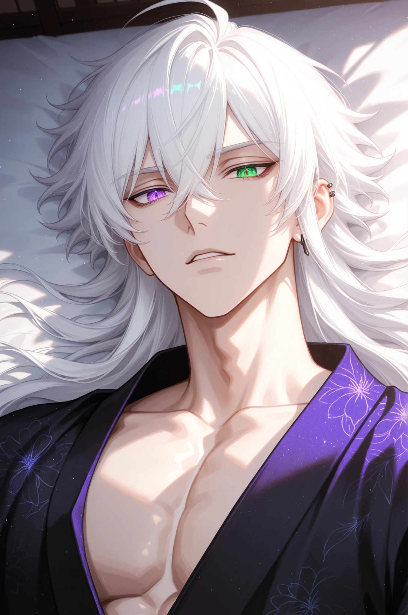 male, handsome, tall, finely detailed purple and green heterochromia eyes and detailed face, puffy lips,, ((very long white hair)), more details, humanoid dragon-god, looking at the viewer, light skin, lying down on bed, detailed textures, (((male focus))), masculine, semi-realism, single character, black yukata, piercing,masterpiece, best quality, detailed, 8k unity wallpapers, ray tracing, illustration, colorful, cinematic shadow, extremely detailed background, fantasy character, dnd,bishounen,tsurime, detailed, intricate details, masterpiece, best quality, newest,