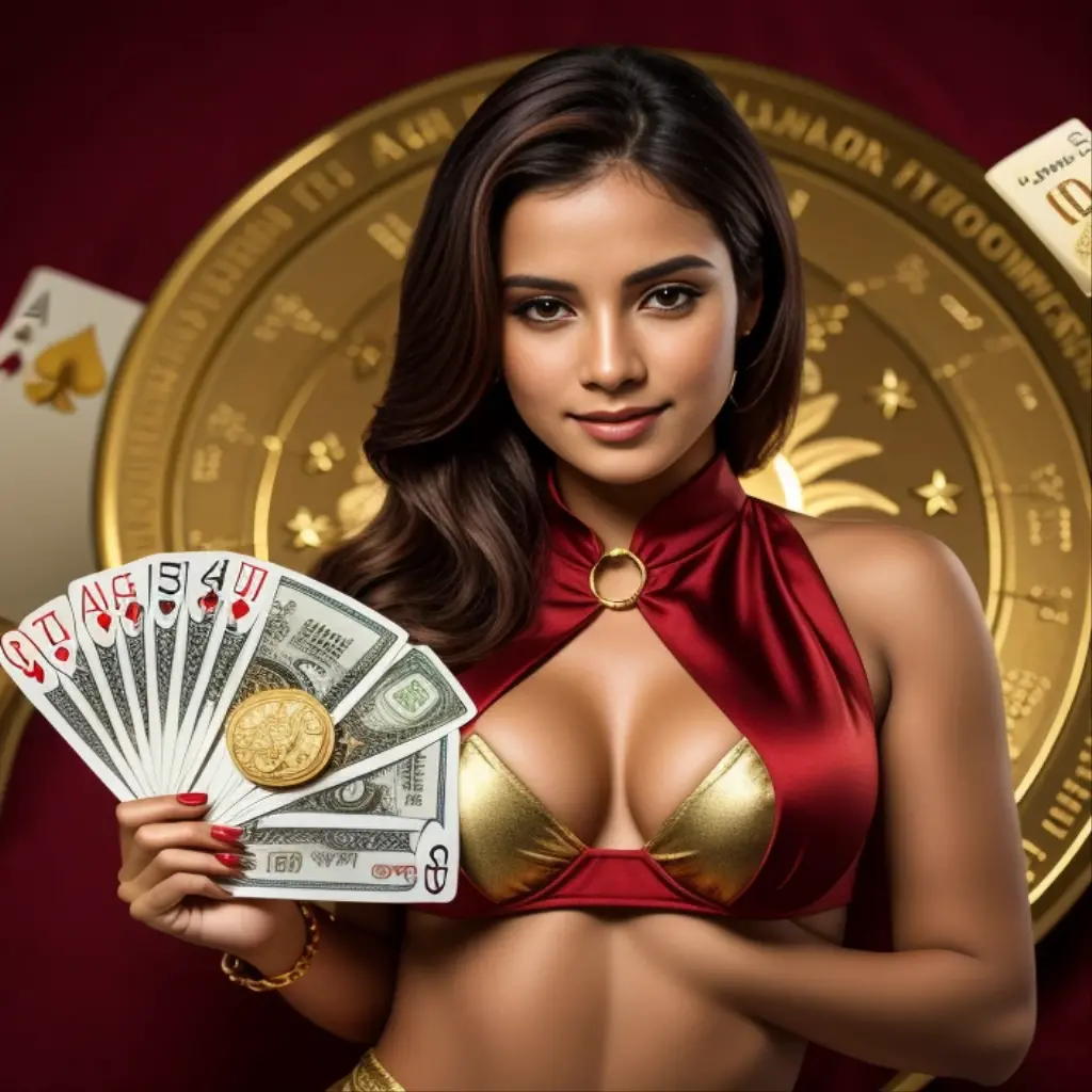 arafed woman holding a fan of money and a cassino card, online cassino logo, ouro and red, cassino, indoor cassino, red and ouro, Molly million, mulher mesmer sedutora, holding ouro, ouro, imagem promocional, bandeira, jogos, um atrativo, jogatina, red and ouro cloth, tiro no meio, poker, tithi luadthong