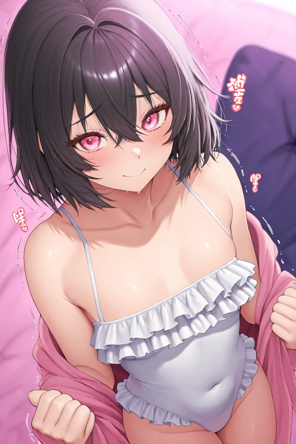 A girl with short black hair and small breasts wearing only a chick skirt and a floral bra on a train is crying in disgust as a molester rubs her breasts with both hands over her floral bra.