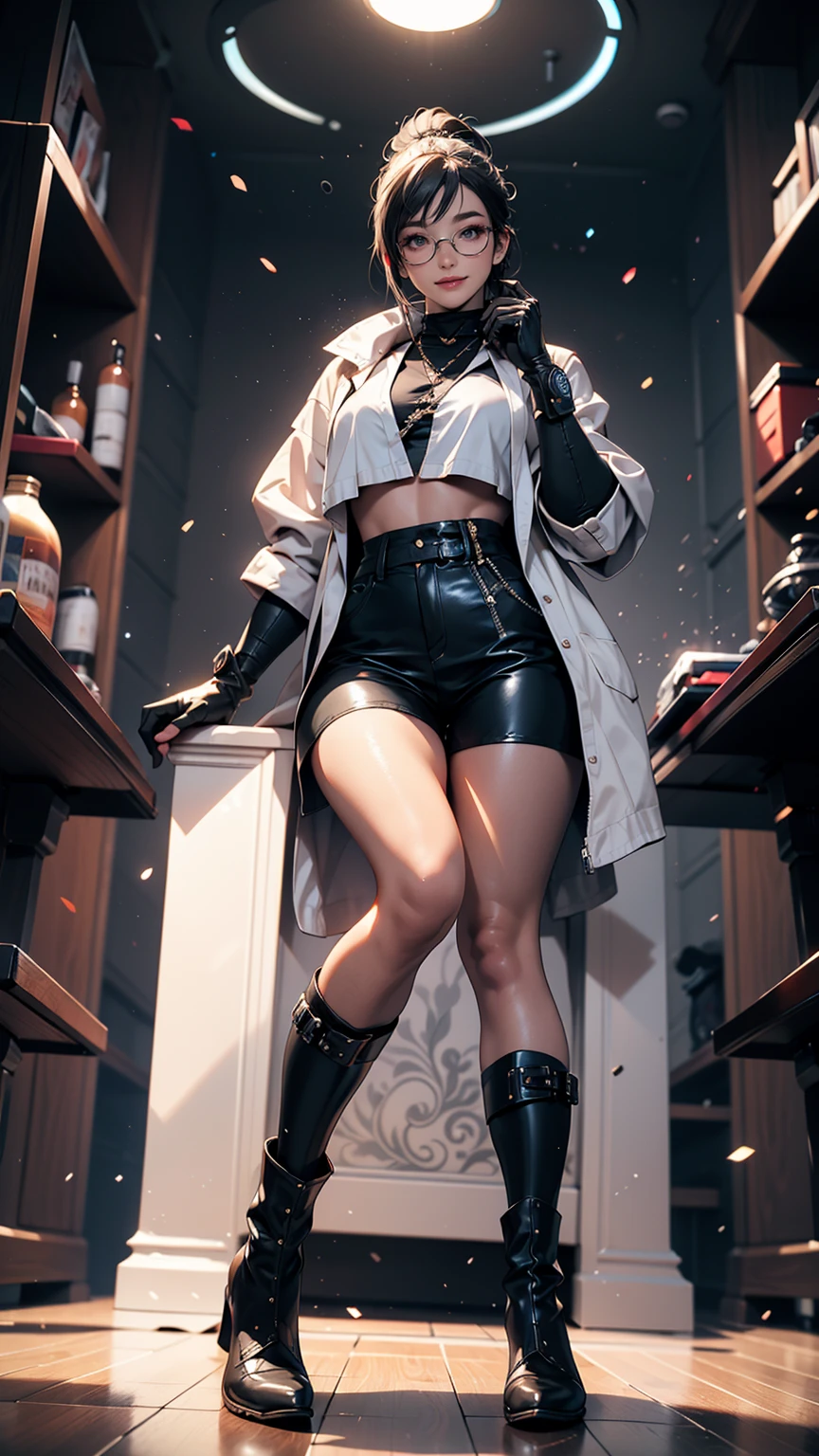 1girl, 35yo, female breton, feminine, glamour, wearing jacket and stockings with platform heels, model, posing, sitting on sofa, seductive smile, apartment indoor background, (night time:1.3), looking the viewer, indoor lights coming to her face, medium breasts, good hands, cyberpunk 2077 style