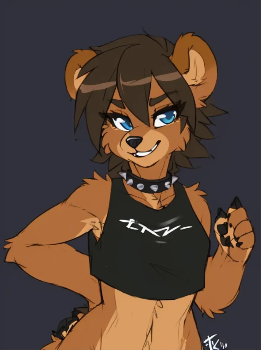 ((masterpiece, best quality)) fluff-kevlar, by fluff-kevlar, full body, anthro brown bear, brown fur, male, solo, one character, furry character, furry female. blue eyes, big ears, brown fur. fluffy fur, beige chest, short tail, cute face, dark background, long black Gothic punk rock hair