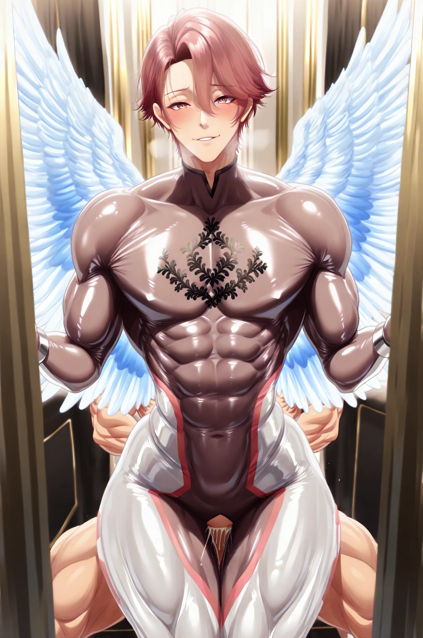 Highest quality,Full body image,2boys,Anal Sex,Huge muscles,Devilish wings,Devilish horns,Clear liquid dripping from penis,black costume,Huge erect penis,An angel cloaked in evil aura,The color of the face is Caucasian skin tone.,A white suit with blue lines and an innocent smile,Lots of drooling,Brush your hair back and look up,Imminent sexual activity,Shaking violently,Embarrassed