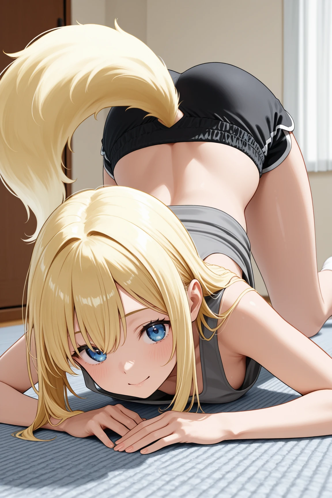 Rear view、Tank top、Beautiful Girl Magician、blonde twintails、((whole body))、(((photo taken from below)))、room