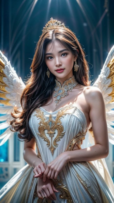 Ultra-detailed complex 3D rendering of the face, (Colossal: 8.8), (masterpiece, top quality, octane rendering, 8K), glamour shot full body image, cleavage, (highly detailed skin: 1.2), (exposure: 1.1), (blonde), (wearing a plummet tank top of gold silk: 1.5)), blonde hair, beautiful Caucasian woman with full soft breasts and white skin, one with big ass, long braided hair, big breasts, dynamic angle, mystical expression, ultra-realistic photography, (((((portrait))), bare feet, futuristic city background, facial muscles, detailed and beautiful queen tiara, in the style of Marvel Comics, clear focus, studio photography, intricate details, highly detailed, detailed yellow eyes, sharp focus, digital rendering, professional, abs, ((((sexy pose))), natural jungle, open mouth lightly, mansle, open crotch, seductive look, angel ring, detailed angel wings, angel ring, detailed mouth inside,