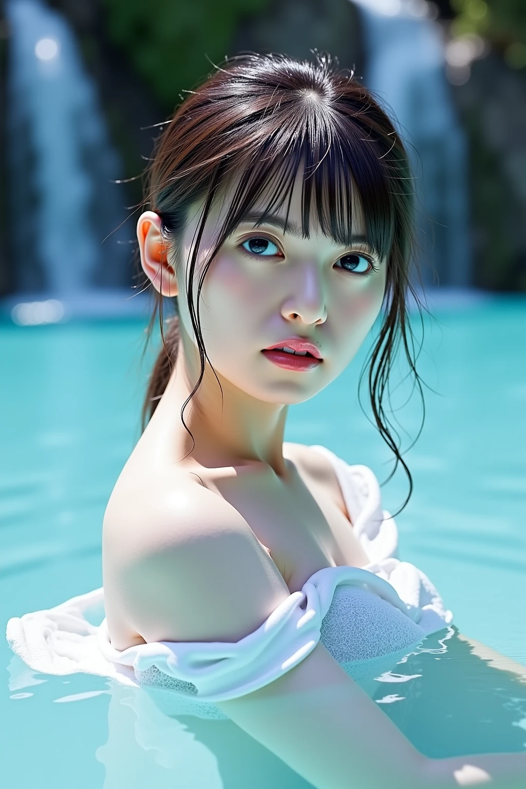Highest quality, masterpiece, Ultra-high resolution, Supermodels bathing in Japanese hot springs, Outdoor hot spring, Stone hot spring, Moss and tree々Surrounded by, Super beautiful face, Pure Body, I can see my pores, (smile:0.8), Wearing split (lace headband:1.2), (realism:1.5), Original photo, Soaking wet, Sweaty, Bare shoulders, In the Dark, Deep Shadow, Low Key, Cold Light