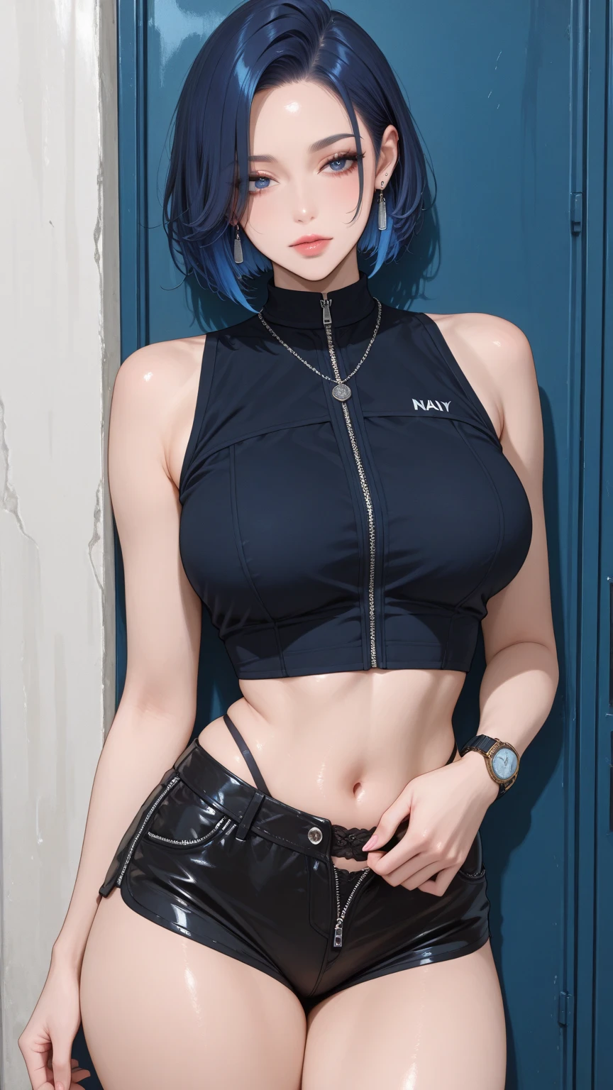 1人の女性、tmasterpiece、top-quality、The blue hair、Wear crop top choker and skirt 、Large full breasts