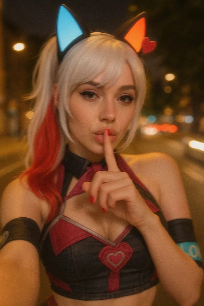 Red lips, large blue eyes, open mouth