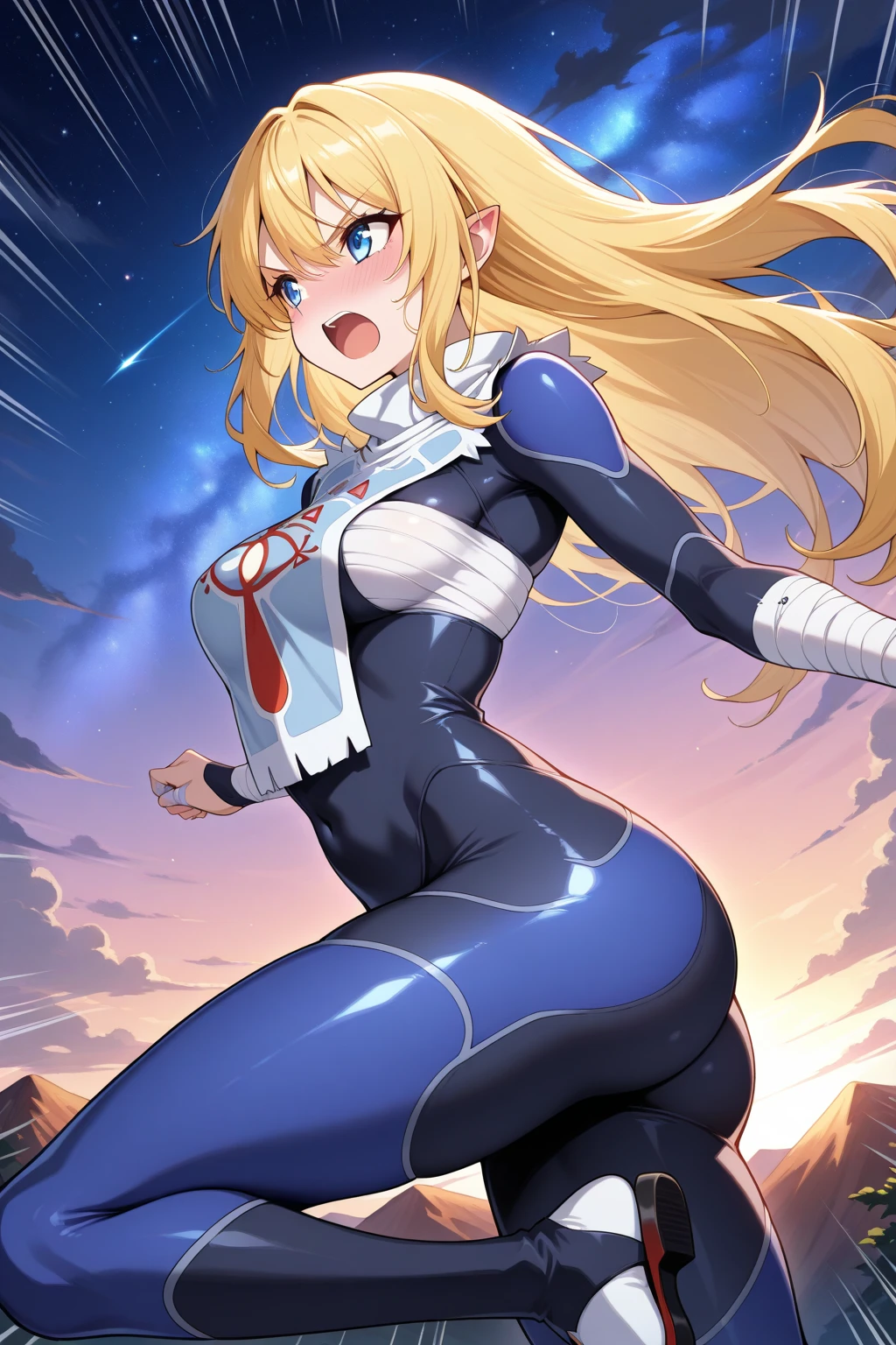 masterpiece, best quality, 1girl, female, superhero, leotard, bare legs, boots, matching boots, medium breasts, light particles, wind particles, aura, stand, standing, highleg, twirl, spin, tornado, tornado twirl, tornado spin, whirlwind, wind particles, city backdrop, time travel, solo,