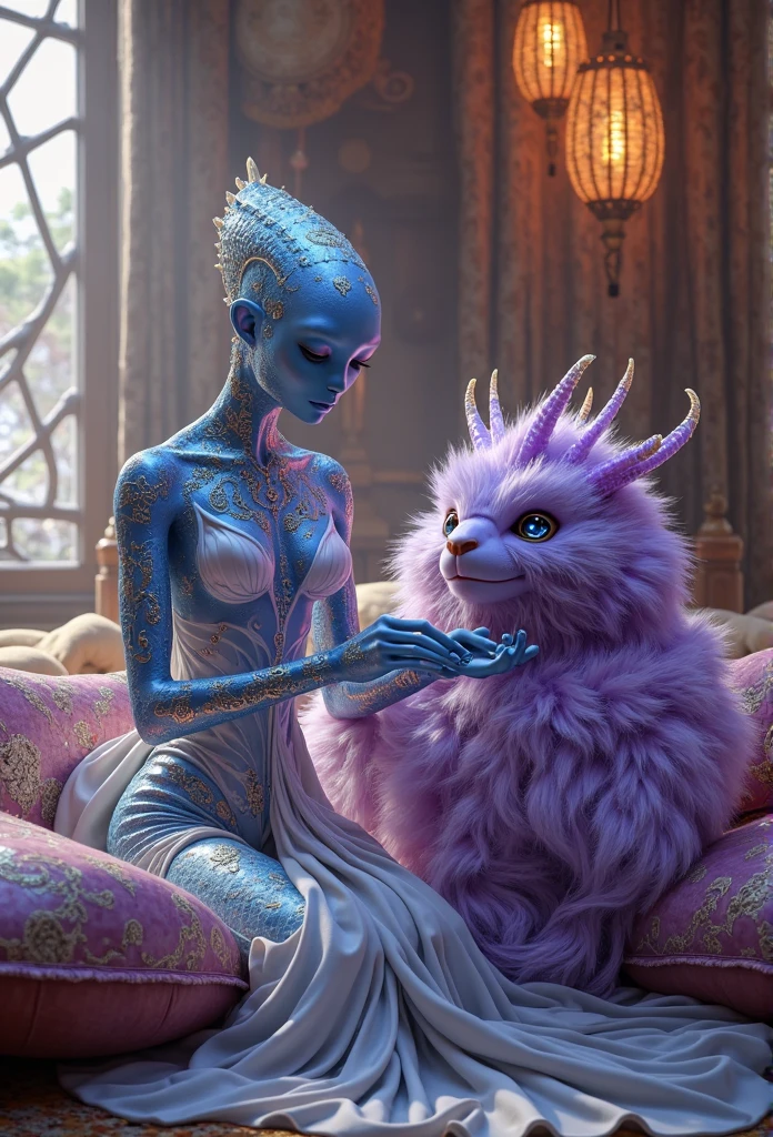 breathtaking masterpiece, best quality, highest quality, highly detailed, exquisite, award winning 8K digital painting of an ethereal and (incredibly beautiful female alien:1.4) with luminescent body parts that shimmer like stardust (lying gracefully on a steep cliff:1.2), casting a watchful gaze over (the galaxy:1.33), (a fluffy creature rests on her shoulder:1.8), intricate details, golden ratio, BaroqueAI, v0id3nergy, by Louis Royo