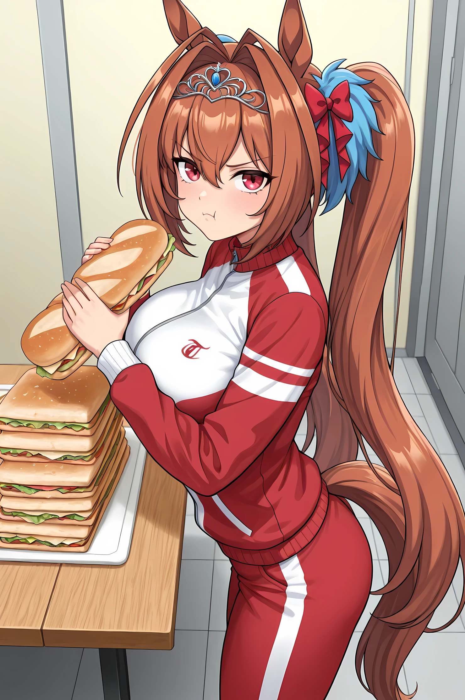 best quality,hyper-detailed, anime style,1girl,solo, side view, face look at viewer, dwstdef, horse tail, brown hair, hair intakes, hair between eyes, twintails, hair bow, red bow, tiara, animal ears, red eyes,large breast,tracksuit,gym pants,Pouting face,Hold Sandwich, indoor room, Ceramic floors, walls, dining table, so many pile of sandwiches on the dining table