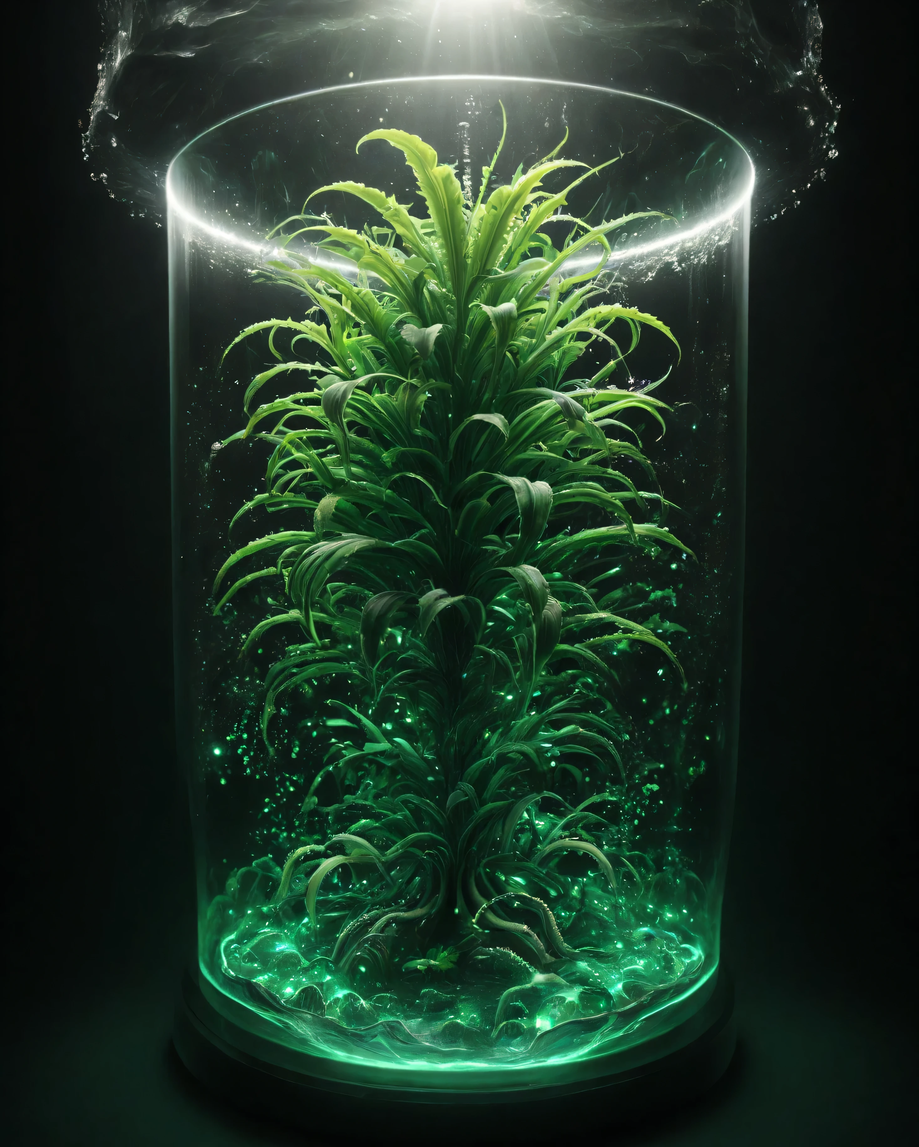 superb quality, 8k resolution, photorealism, a mysterious nascent shoot with a gradient from emerald to purple, glowing spores around, delicate scales on the stem reflect moonlight, thin tentacles-roots, small transparent pot,  mystical purple mist spreads across the windowsill 