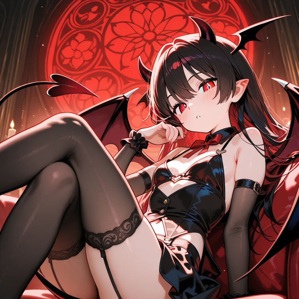 a beautiful red-horned demoness with short black hair, scarlet eyes, and a sexy demon tail, wearing a very short red skirt, tight black stockings, and a harness collar