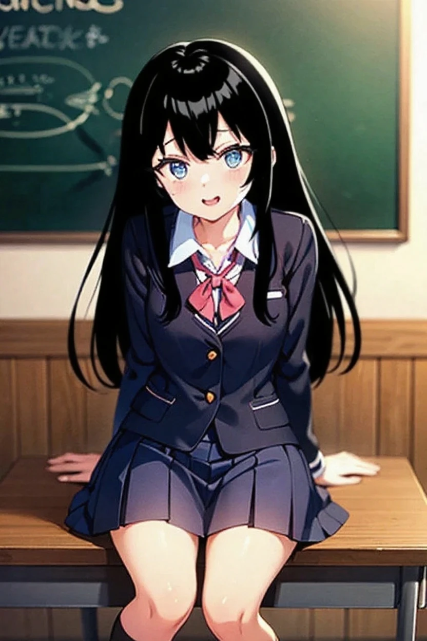 anime girl in a school uniform standing in a classroom, Beautiful Anime High School Girls, Anime moe art style, JK school uniform, Smooth anime CG art, Kantai collection style, seductive anime girls, Marin Kitagawa fanart, With glasses, attractive anime girls, Digital anime illustration, Best anime 4k konachan wallpaper, anime visual of a cute girl，Sexual turn，cabelos preto e longos，Purple eye