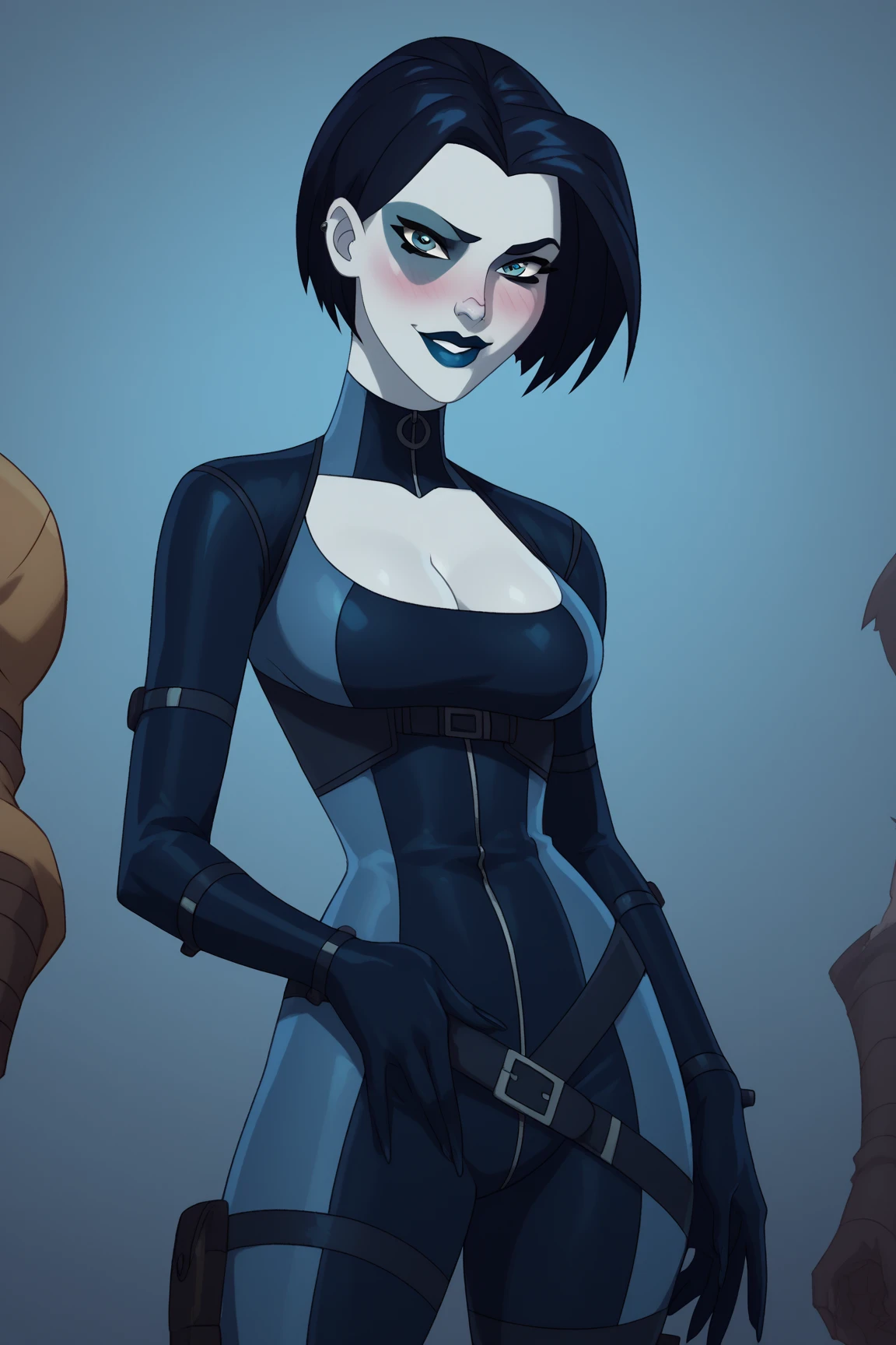 <lora:GanassaV1:1> a woman in a leather outfit with a gun in her hand and a knife in her hand, with a shadow behind her, and a blue background