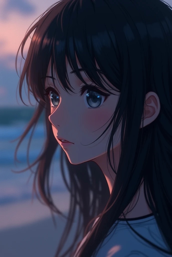 1girl, solo, wlop,
Black hair, gradient eyes, black sun dress,  smile, 
beach, night sky,
masterpiece, best quality,