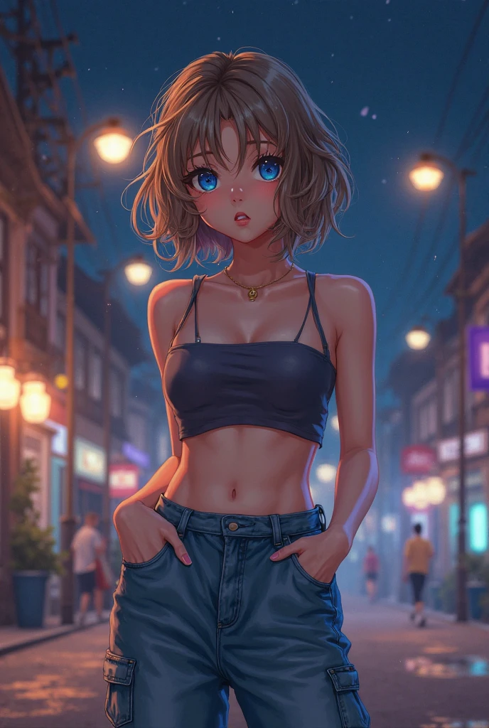 best quality, 4k, 8k, highreasterpiece:1.2), ultra-detailed, HDR, UHD, studio lighting, extreme detail description, professional, vivid colors, bokeh, portraits, [landscape], dark-haired woman, medium hair, tank top, white high-cut panties, from front, view at viewer, C breasts, ((high cut panties))