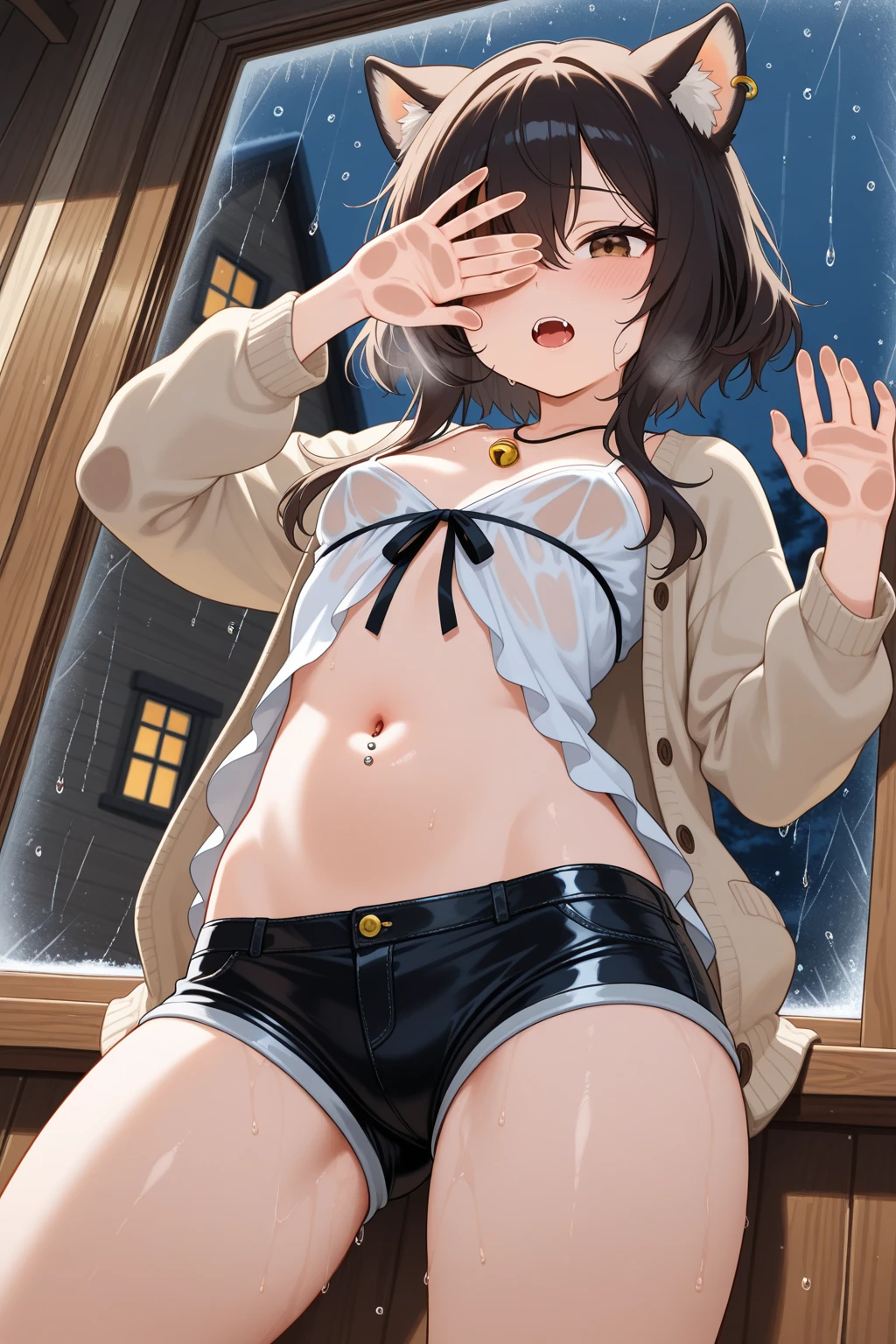 (Highest quality), (masterpiece), 1080P, High resolution, 4K, 8K, Maid clothes, ((bear)), ((costume)), Shooting from directly below, Sweat, Micro Bikini, To achieve this, ((~ side)), ~ sideを見せる, Spread your legs, Nipples, Small breasts, whole body, Embarrassed face, Long black hair, Blunt bangs, bracelet, stretch, training, sports gym, Leather shoes, Thick sole,