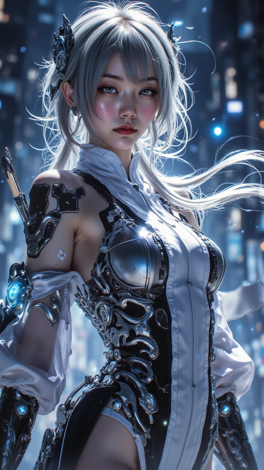 Cyberpunk, mechanical, broken, there is a picture of a very large iceberg, cyberpunk, mechanical, broken, with a lot of snow, dungeon background, icicle background, arena background, game background, dark dark cave background,a female warrior sitting down,((smile:1)),silver hair,red lips,back view,((close camera))