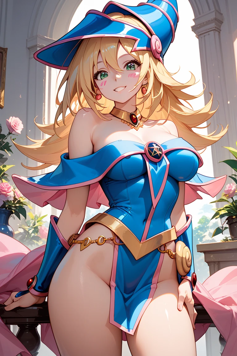 darkmagiciangirl, dark magician girl, blonde hair, choker, (green eyes:1.5), long hair,
BREAK bare shoulders, blue footwear, blush, blush stickers, cleavage, collarbone, duel monster, hat, off shoulder, pentacle, wizard hat, (blue clothes:1.5),
BREAK looking at viewer,
BREAK outdoors, city,
BREAK (masterpiece:1.2), best quality, high resolution, unity 8k wallpaper, (illustration:0.8), (beautiful detailed eyes:1.6), extremely detailed face, perfect lighting, extremely detailed CG, (perfect hands, perfect anatomy),