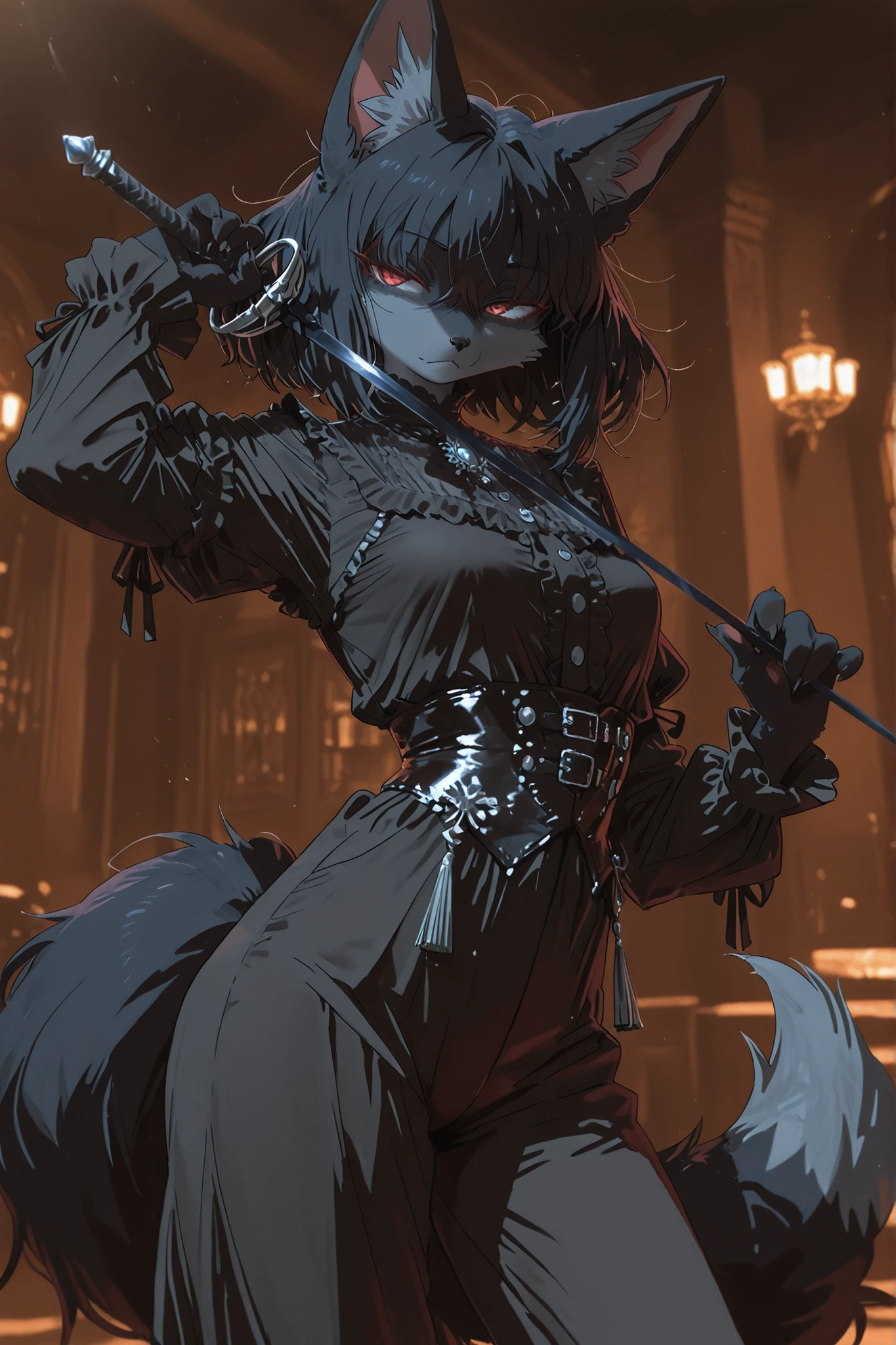 Kemono,(masterpiece, detailed:1.2),1 furry, female, fox, kemono style, standing pose, black fur, black short messy hair, dark blue rapier-themed outfit, leather accents, fantasy aristocratic style, semi-glossy clothing, moderate exposure, shar, red eyes, ear, tail