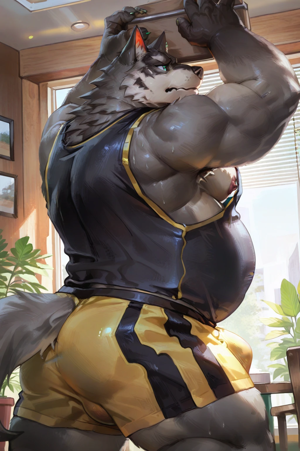 By Taran fiddler, a picture of an adult male, furry canine (golden retriever), black color jockstrap, golden retriever, dilf, rugged features, stubble beard, slight wrinkles on face, smiling, one man, naked, a naked golden retriever anthro taking off his jackstrap, a golden retriever undressing himself, loosely wearing white jockstrap, jockstrap halfway down thighs, jockstrap is to the knees, bulging crotch, hands pulling down jockstrap, stepping out jockstrap, taking off undergarments, becoming naked, one leg up, flaccid penis, cock peeking past jockstrap waistband, one hand doing thumbs up, winking, facing viewer, plain living room in background, modern living room background, muted lighting, dynamic angle, dynamic posing, extreme close-up, zoomed in on crotch