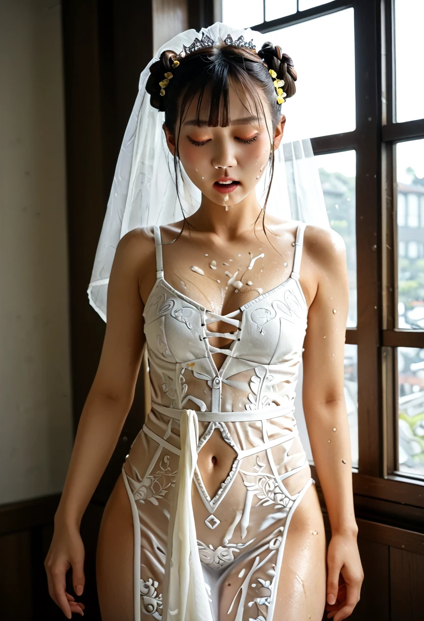 Make a picture where a bride is tied up, a female thief behind her who is tie her with rope, bound,BridesRoleplayCostume