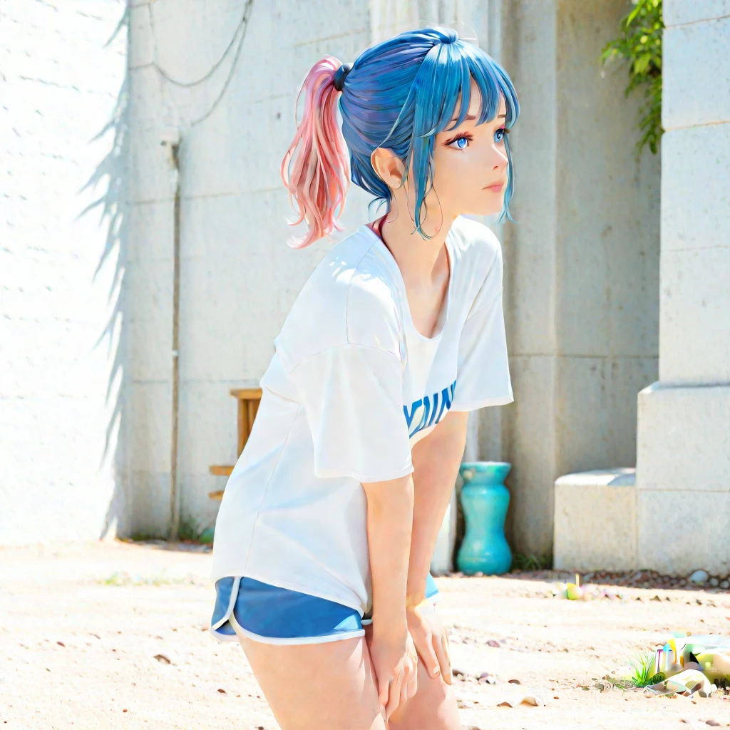 Aisha hanabi, blue hair, ultra wide angle, beach