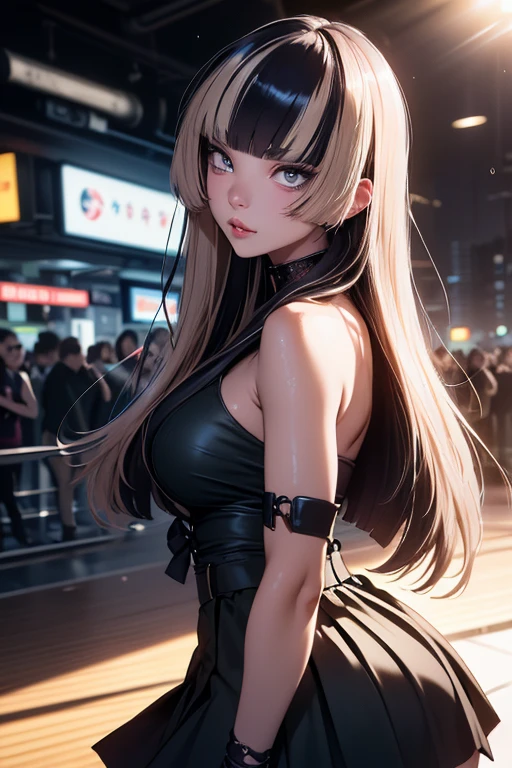 16k, rtx, HDR, extremely high details, Complex, professional makeup, close up shot, highest quality, masterpiece, at night, 1 female, alone, mature, nice, edgy, muscular, full nude、, shining eyes, long hair, smooth skin, big , cleavage, ((extremely slutty)).