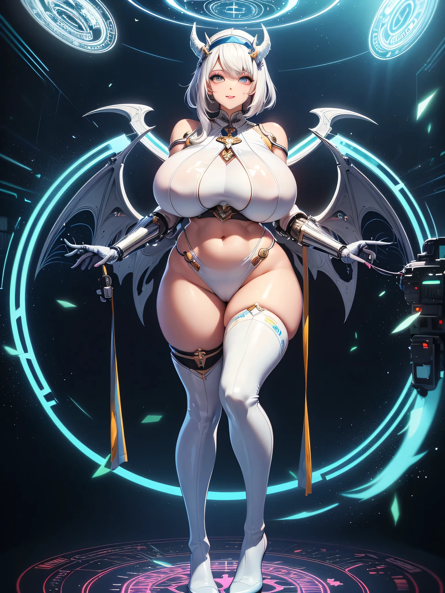 Highest image quality,high high quality,A mature woman,age 22,Huge cleavage,Nipple presentation,Metal heels,Black metal mech,Long white hair,hair covering one eye,ssmile,high ponytails,in the stars,obscene exposure