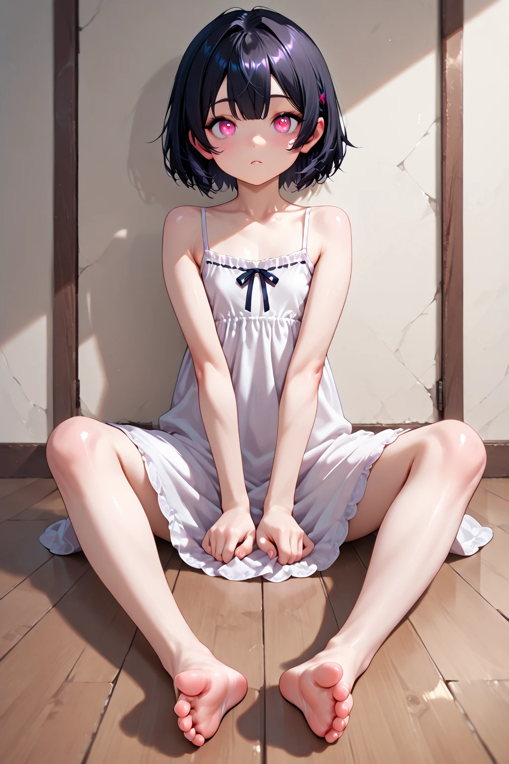 finger to mouth,from front,front view,looking at viewer, looking ahead,from above,cowboy shot,1girl,Beautiful 11 year old girl,Japanese,Slender,,low length,Small breasts,Thin legs,Small Ass,Baby Face,Small face,Black Hair,Row Twin Tails,Gray Eyes,slit pupils,Drooping eyes,middle School girls,Sheer pink negligee,lingerie,Collar with leash,open mouth,tongue out,front face,Kneeling,Straight Stand,Beautiful and detailed anime art,Mischievous smile,Sexy vibe,cum on tongue,Dimly lit room,On the bed,Simple Background,Gray background,Low lighting,